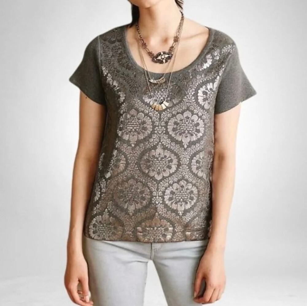 Anthropologie Moth Drawing Room Silver Foil Sweater Top Shirt Small